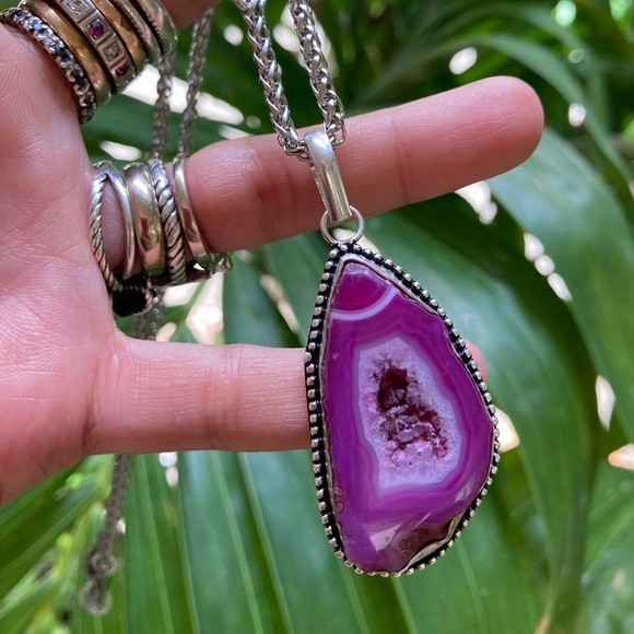 925 sterling silver overlay charm pink geode agate slice gemstone boho necklace - Picture 2 of 11